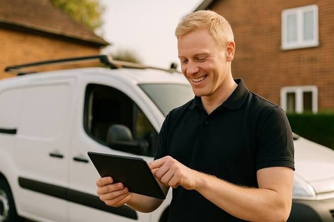 Tradesperson managing a Google Business Profile Luton listing to attract local customers.